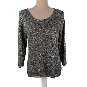 Eileen Fisher Gray Silver Foil Linen Viscose Chain Knit Sweater Top PL P L